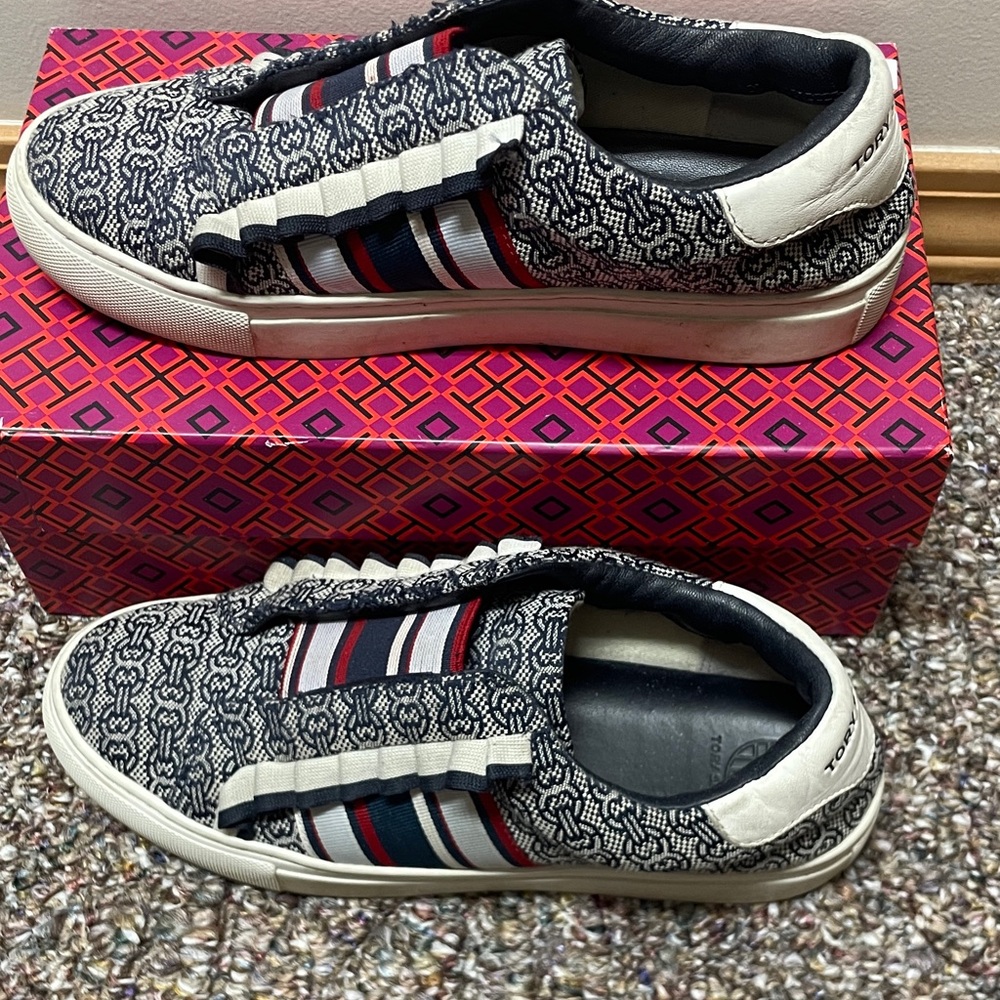 Tory Burch Navy, Ivory & Red Patterned Slip-On Sneakers - Picture 2 of 5